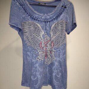 COTTY ON VINTAGE TSHIRT DISTRESSED GUNS WINGS ROSES BLING RHINESTONES SIZE L